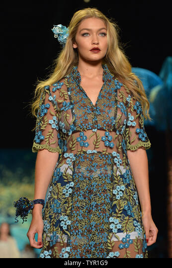 Gigi Hadid walks the runway at the Anna Sui Fashion Show during IMG New York Fashion Week Spring/Summer 2016 Collections in New York City on September 16, 2015. Photo by Andrea Hanks/UPI Stock Photo - Alamy