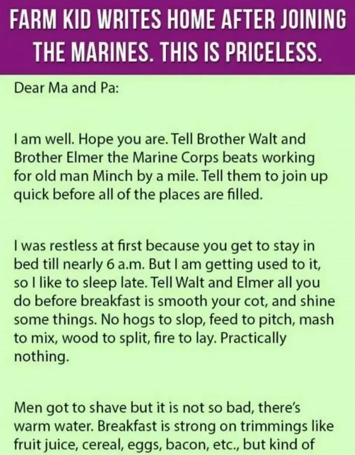 Joke: Kid Sends Letter Home To Parents After Joining The Marines, This Is…