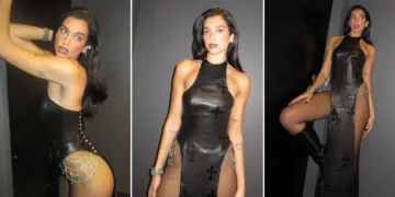 Dua Lipa turns up the heat in as she forgoes underwear in racy black leather dress and fishnet tights –